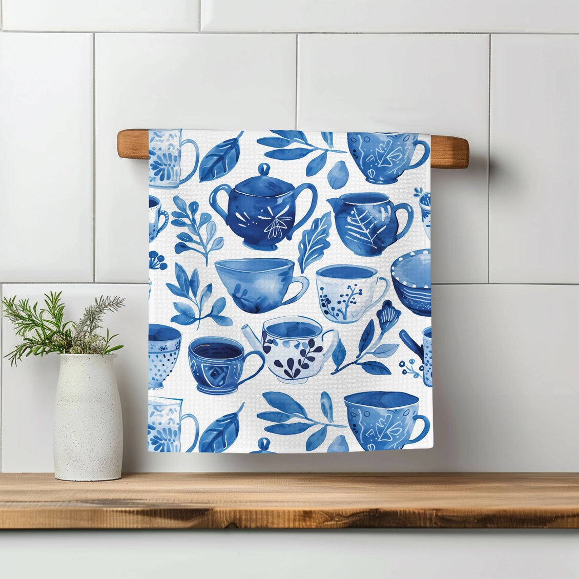 Blue Tea Cup Waffle Weave Towel