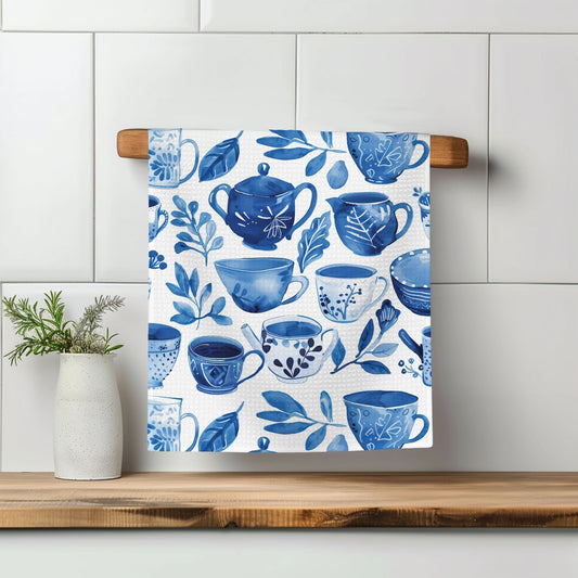 Blue Tea Cup Waffle Weave Towel