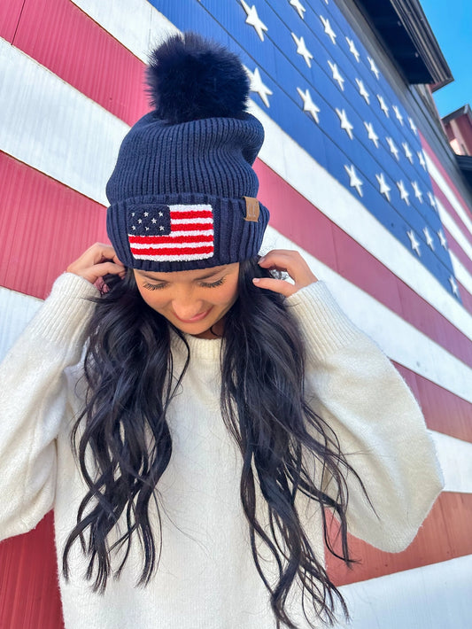 USA Chenille Patch Faux Fur Pom Beanie (White)