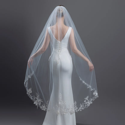 Floral Embroidered Lace Crystals Bridal Veil 54" X 60" - Ivory