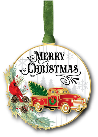 Merry Christmas Red Truck Brass Ornament