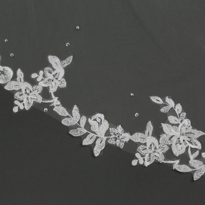 Floral Embroidered Lace Crystal Bridal Veil 120" X 108"- Ivory