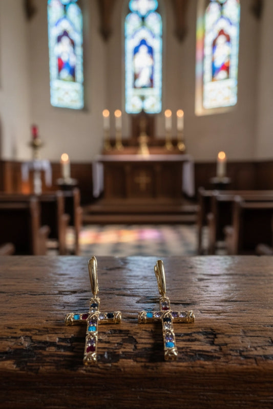 Multicolored Cross Earrings in 18K Gold – Luminous Sacred Elegance