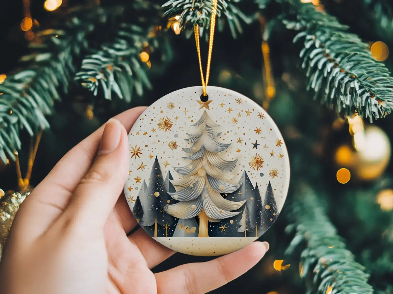 Gold and Grey Christmas Tree Ceramic Disc Ornament