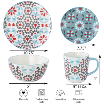 Bone China 16pc Dinnerware Set, Floral Pattern Blue & Red