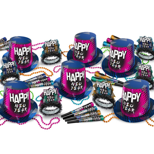 Collection of 'Happy New Year' hats and party favors on a white background