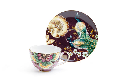 Peacock Lotus Garden Pink Fine Porcelain Cup Saucer Set of 4
