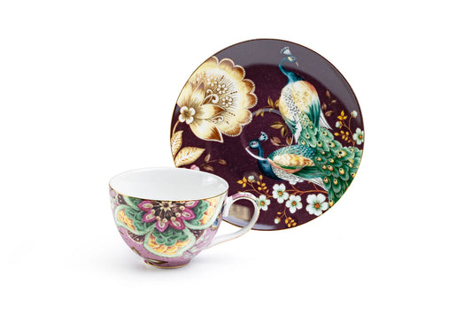 Peacock Lotus Garden Pink Fine Porcelain Cup Saucer Set of 4