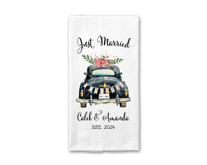 Vintage Car Just Married Waffle Weave Tea Towel