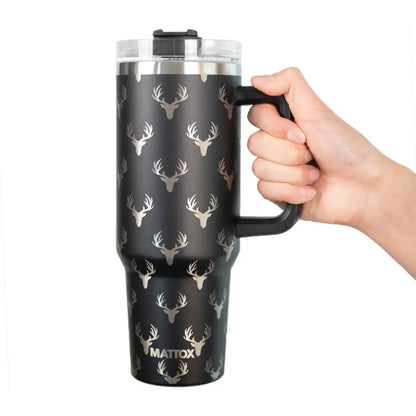 Deer All Over Black 40oz Tumbler For Men with Straw