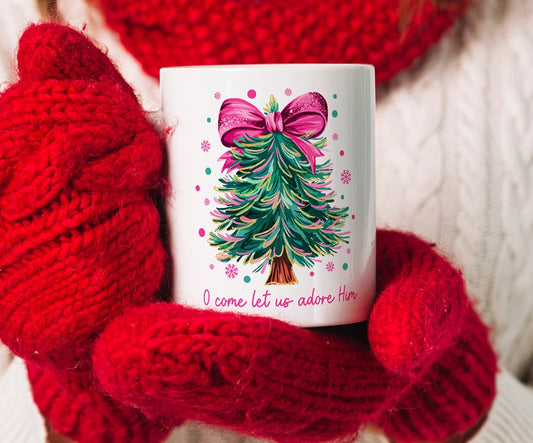 Glitter Christmas Tree Coquette Bow Gift 12oz Mug