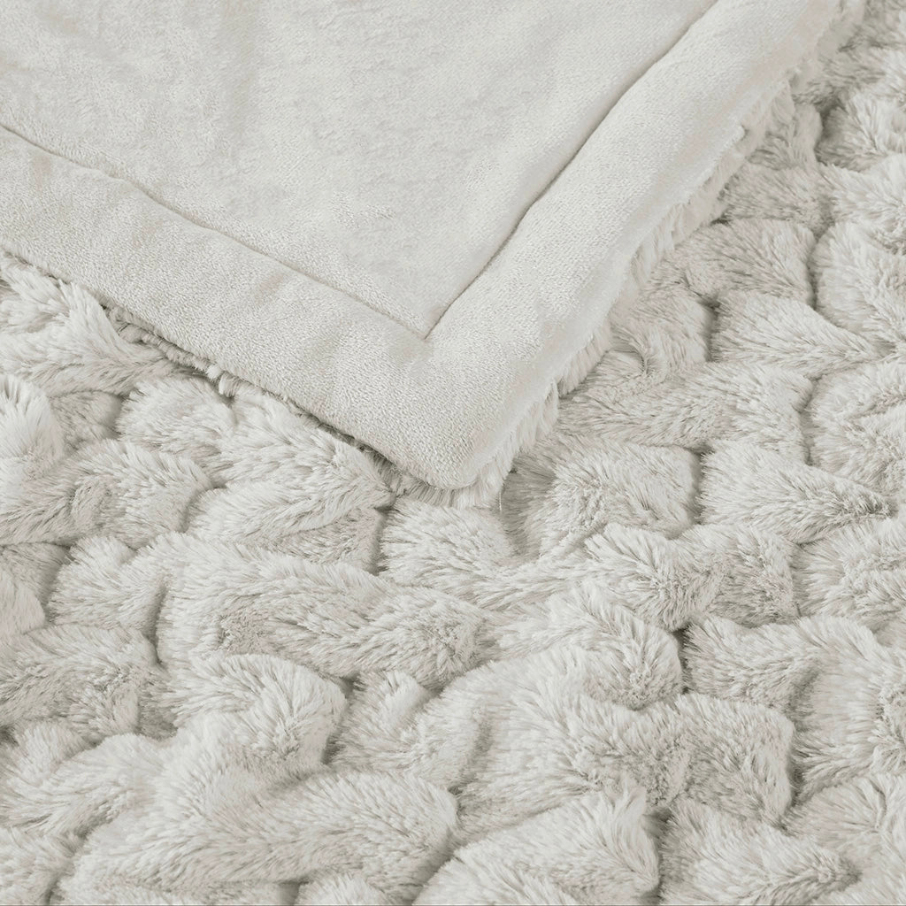 Ruched Fur Throw Blanket 50x60", Silver Grey