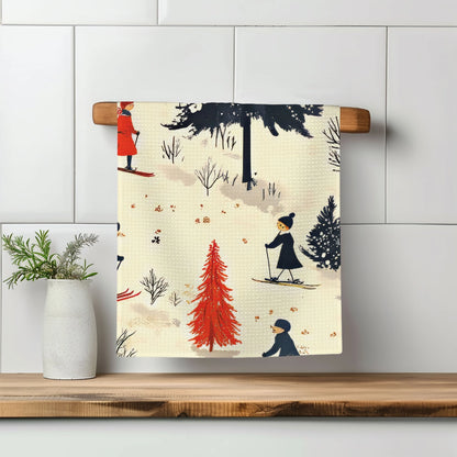 Skiing Mountain Waffle Weave Tea Towel