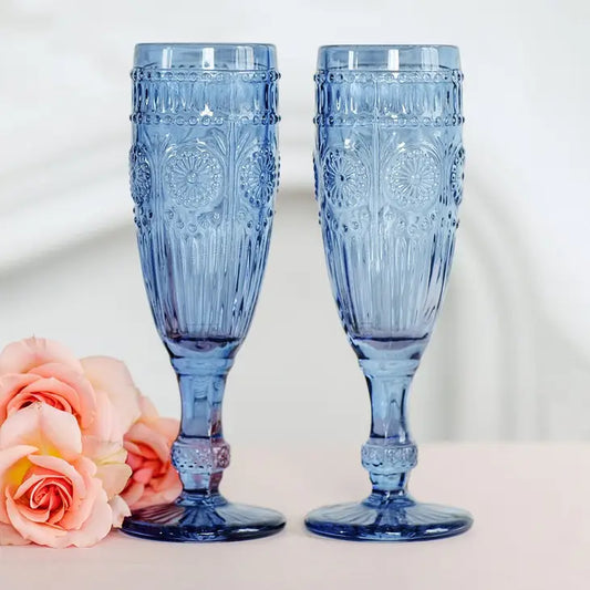 Vintage Style Pressed Glass Champagne Flute - Blue Set of 2