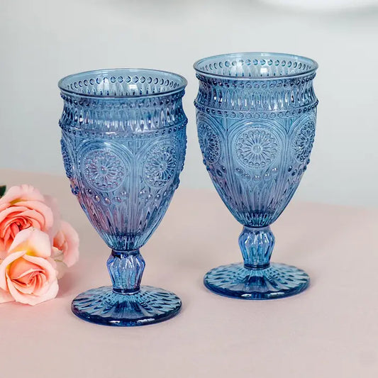 Vintage Style Pressed Glass Wine Goblet Set - Blue