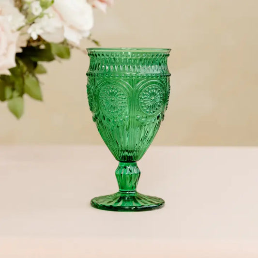 Vintage Style Pressed Glass Wine Goblet Set - Green