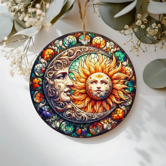 Stained Glass Effect Moon & Sun Ceramic Disc Ornament
