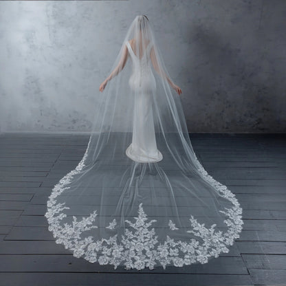 Floral Embroidered Lace Bridal Veil Rhinestones 120" X 90" - Ivory