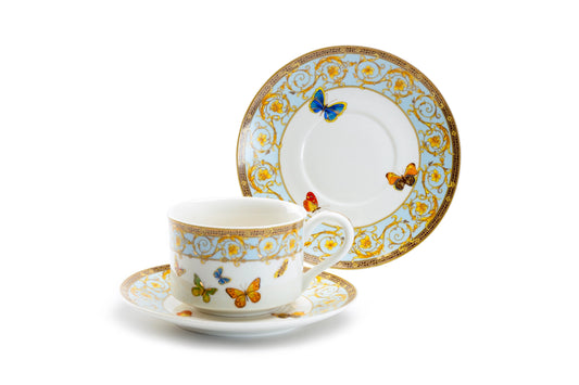 Butterflies with Blue Ornament Fine Porcelain Cup and Saucer Set of 4