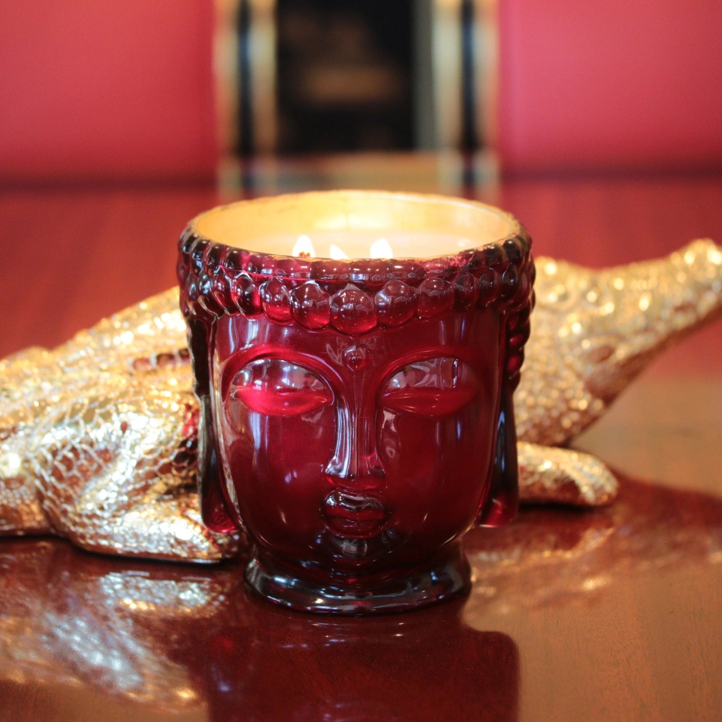 Ruby Red Glass Buddha Jar Filled Candle in 24K Gold