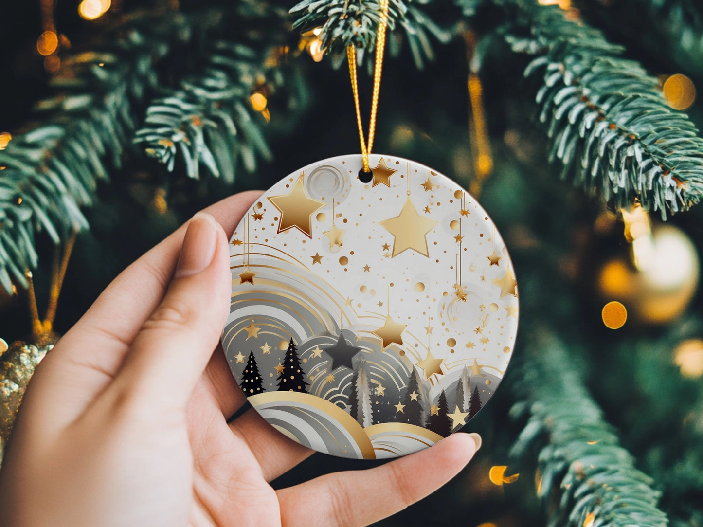 Gold and Grey Star Ceramic Disc Ornament