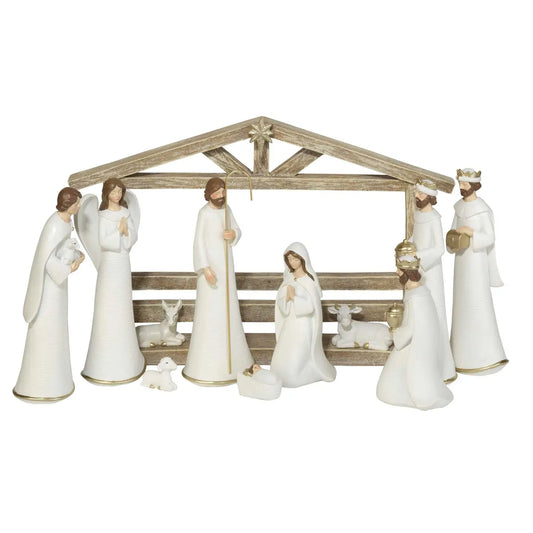 11 Piece White Nativity with Creche 9.75