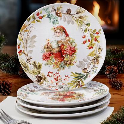 Certified International A Christmas Story ceramic dinner plates featuring watercolor vintage Santa with poinsettias berries pinecones and winter greenery