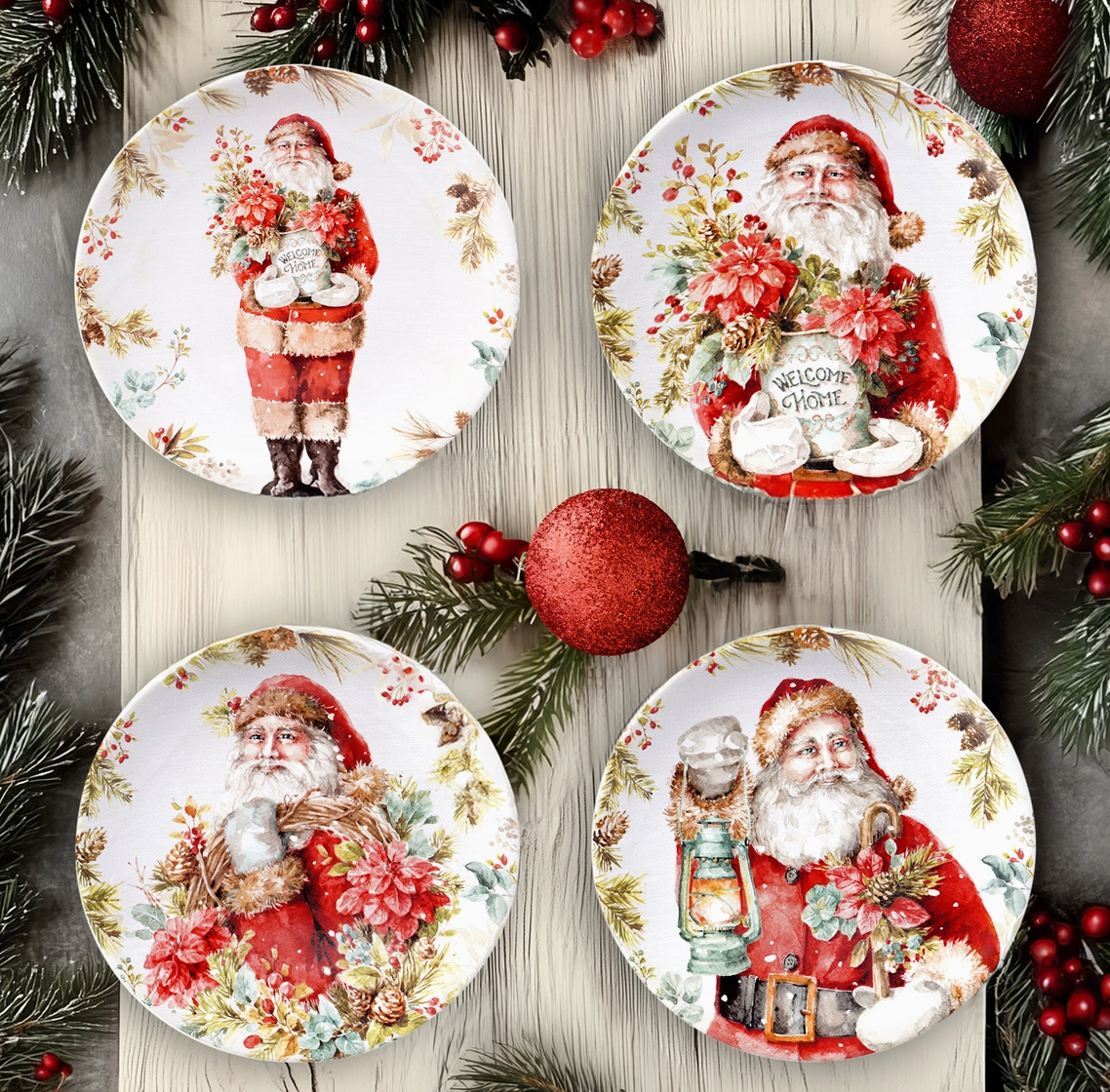 Set of A Christmas Story 9-inch dessert plates featuring four assorted watercolor vintage Santa designs by Lisa Audit with Christmas greenery and poinsettias