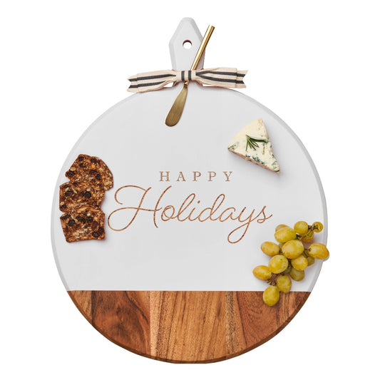 Acacia Round Cutting Board w/ Gold Spreader & Ribbon | Happy Holidays