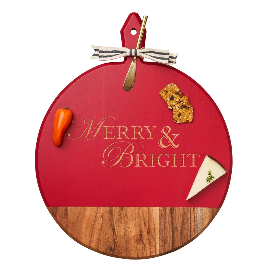 Acacia Round Cutting Board w/ Gold Spreader & Ribbon | Merry & Bright