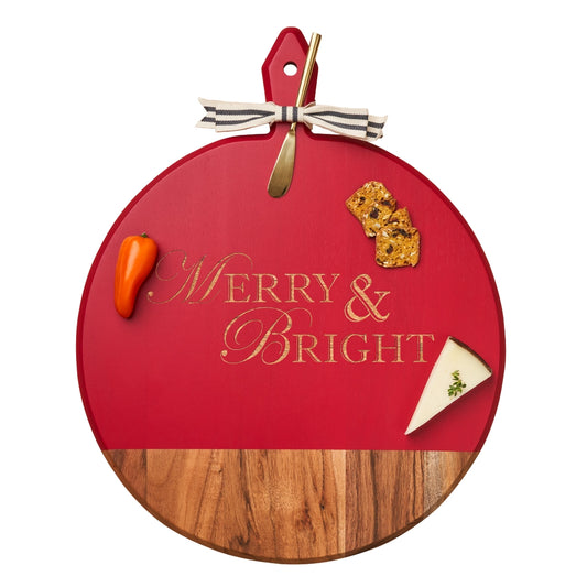 Acacia Round Cutting Board w/ Gold Spreader & Ribbon | Merry & Bright