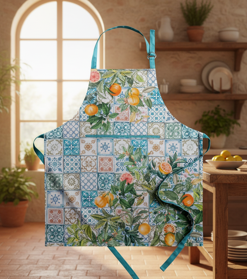 Floral and tile patterned apron with orange design on a white background