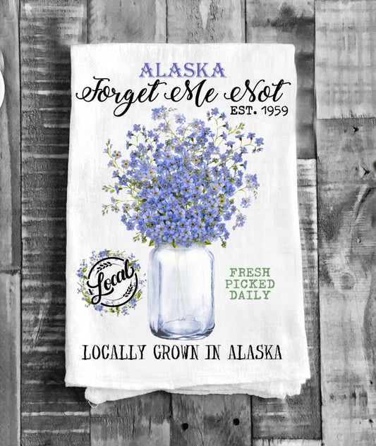 Alaska State Flower Forget Me Not Flour Sack Tea Towel