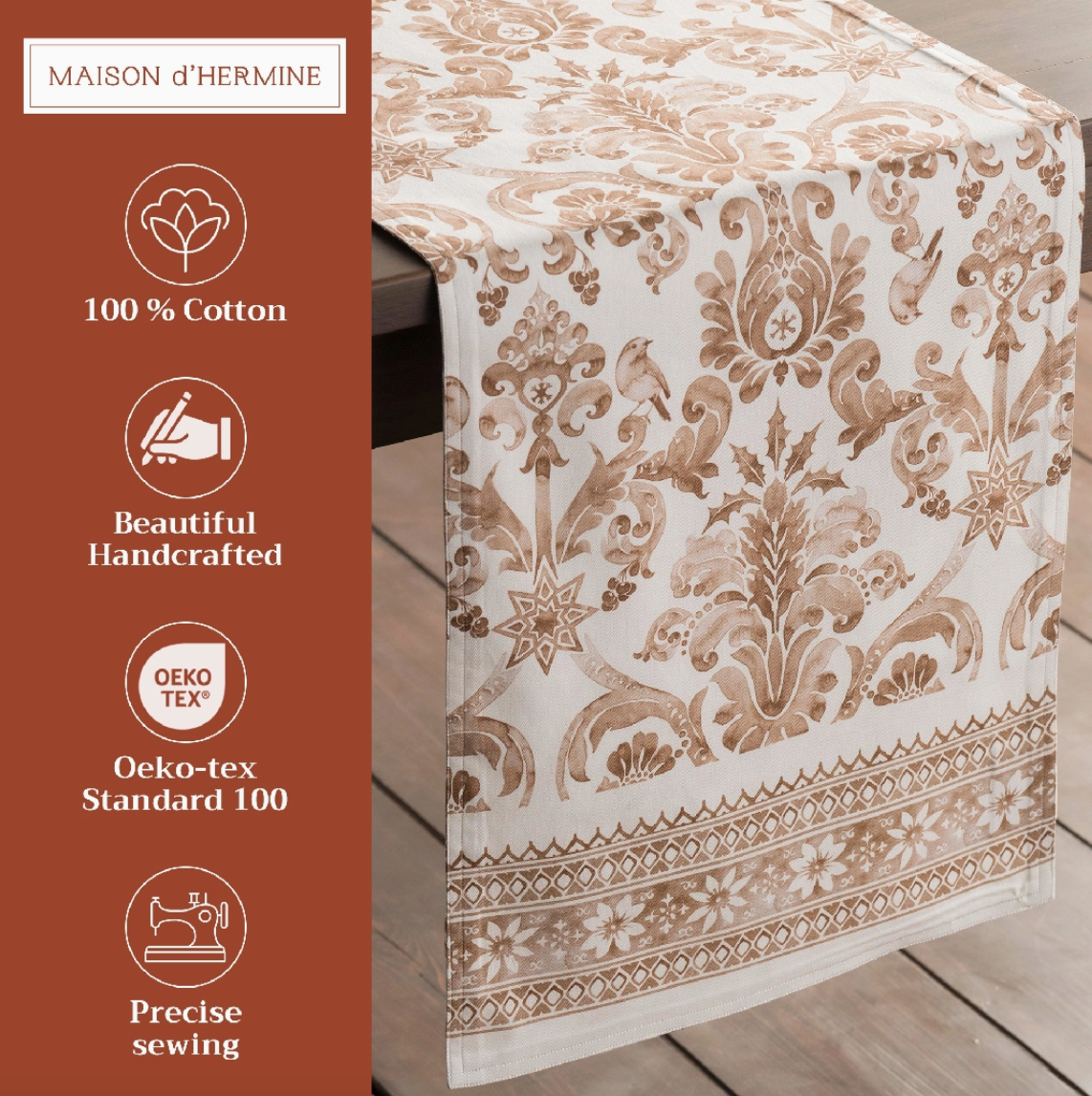 Decorative table runner with intricate patterns on a wooden surface, featuring branding and certification details.