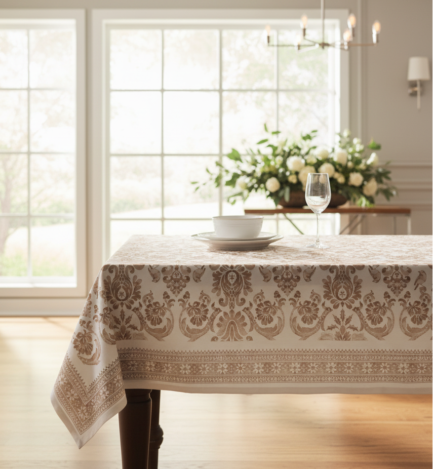 Tablecloth with decorative brown pattern on a white background