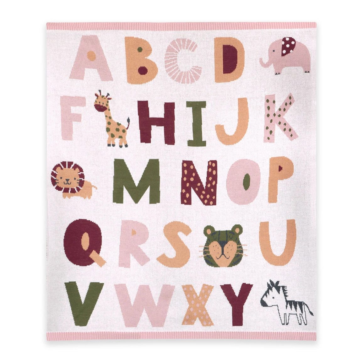 Children's alphabet blanket with animals and letters on a pink background