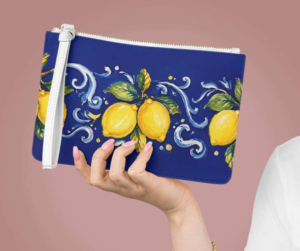 Little Italy Amalfi blue lemon wristlet clutch with gold zipper