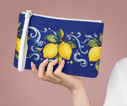 Little Italy Amalfi blue lemon wristlet clutch with gold zipper