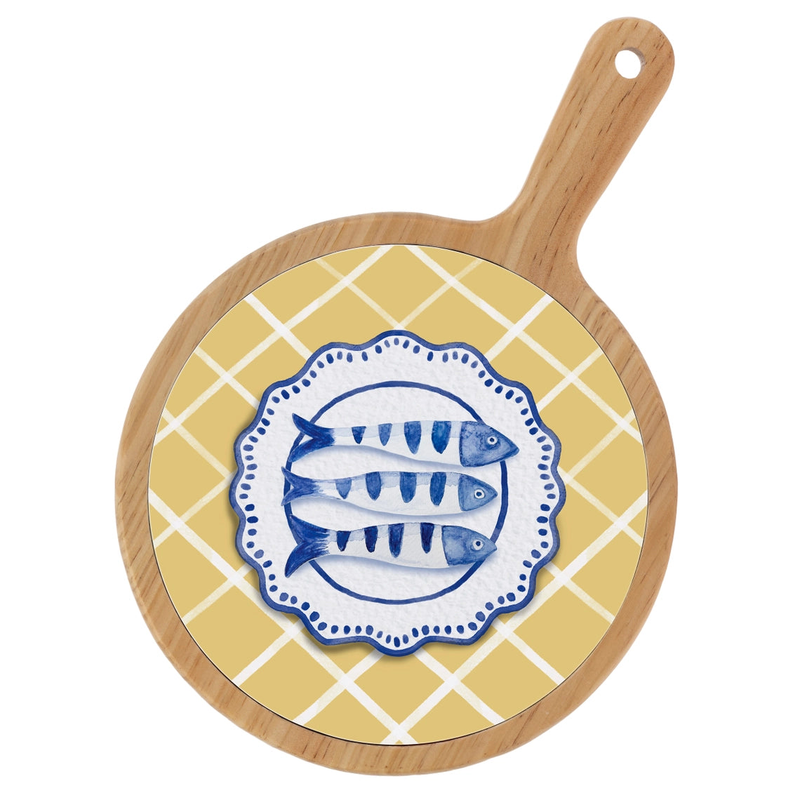 Round wooden cutting board with a yellow grid pattern and blue fish design on a white background