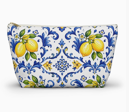 Amalfi lemon blue and white Italian tile accessory pouch front view