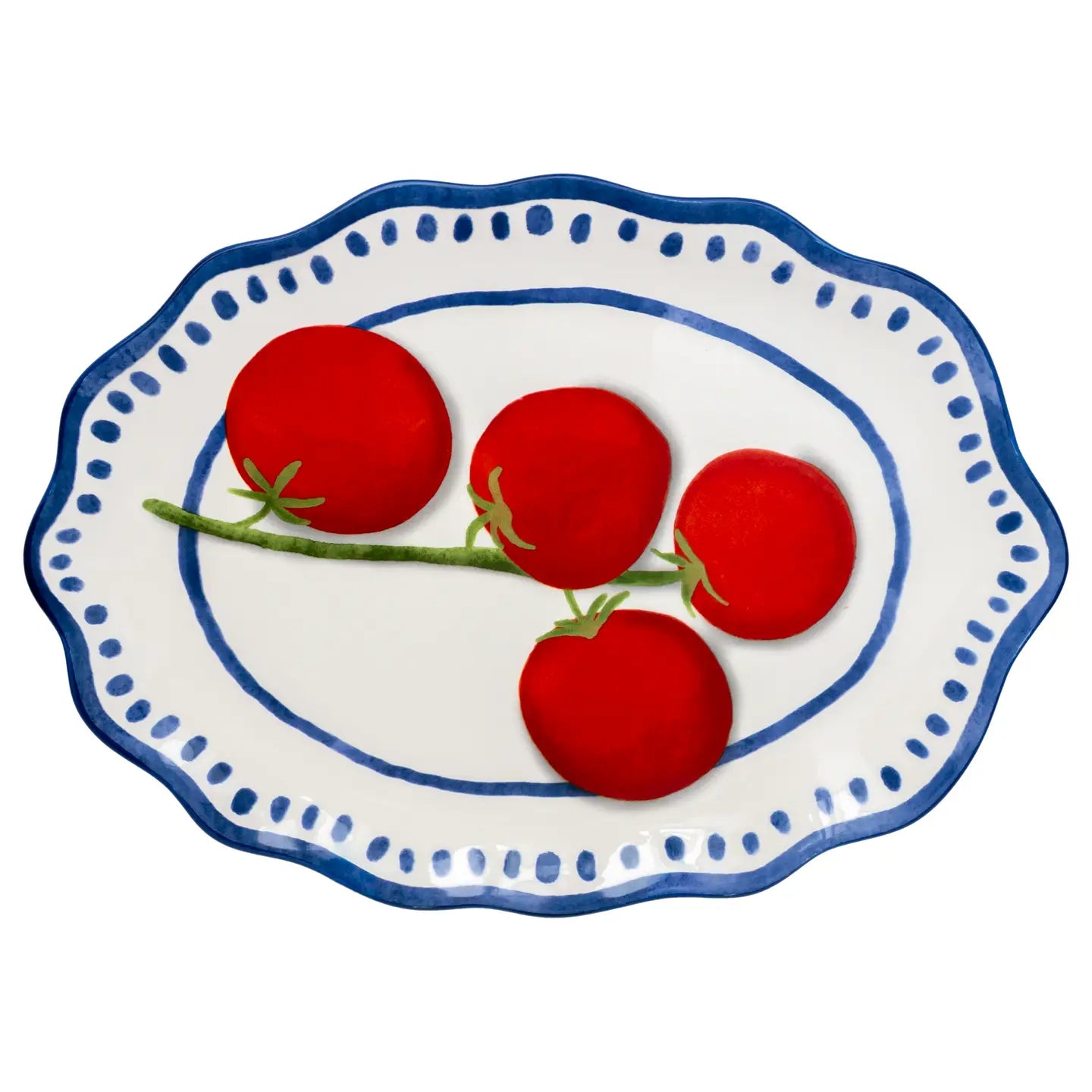 Decorative plate with red tomatoes and a blue rim on a white background