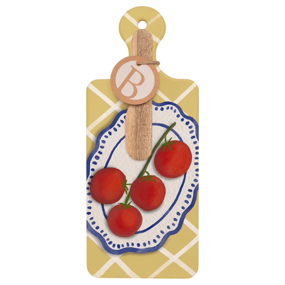 Decorative cutting board with tomatoes and a knife on a white background