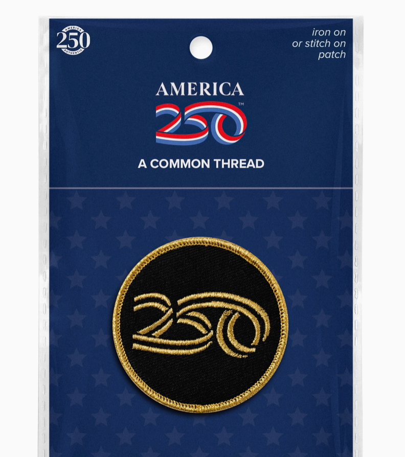 Patch with 'America 250' design on a blue card with star pattern