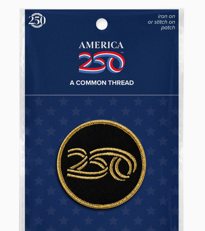 Patch with 'America 250' design on a blue card with star pattern