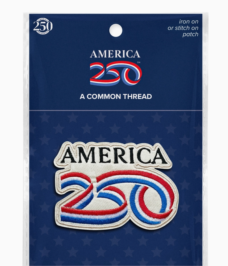 Patch with 'America 250' design on a blue background with star pattern, branded as 'A Common Thread'.