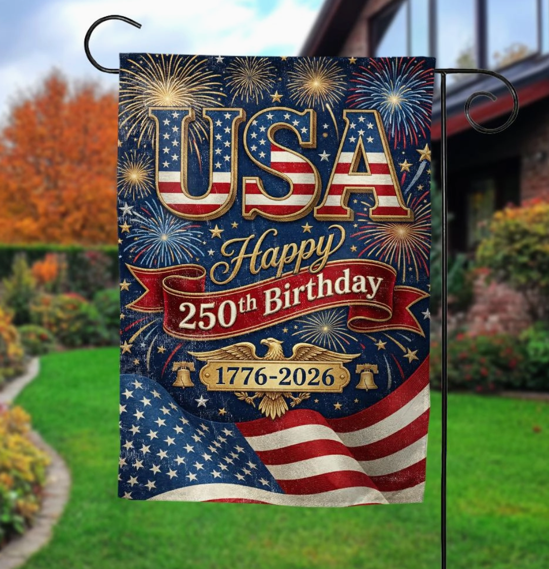 Decorative flag celebrating USA's 250th birthday with American flag design.
