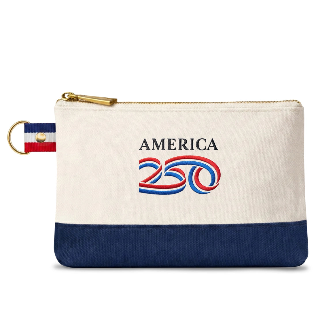 Pouch with 'America 250' design and gold zipper on a white background