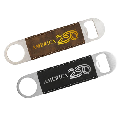 Two bottle openers with leather straps displaying 'America 250' on a white background.