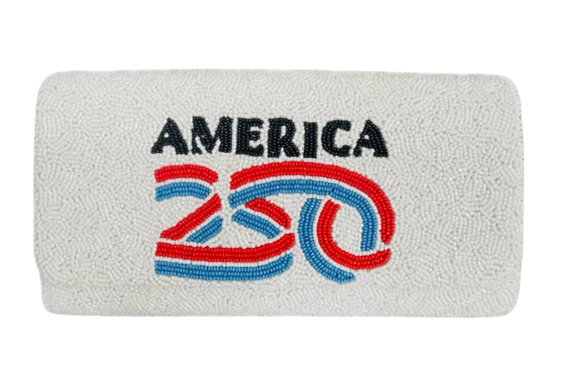 White sweatband with 'AMERICA 250' text and design on a white background
