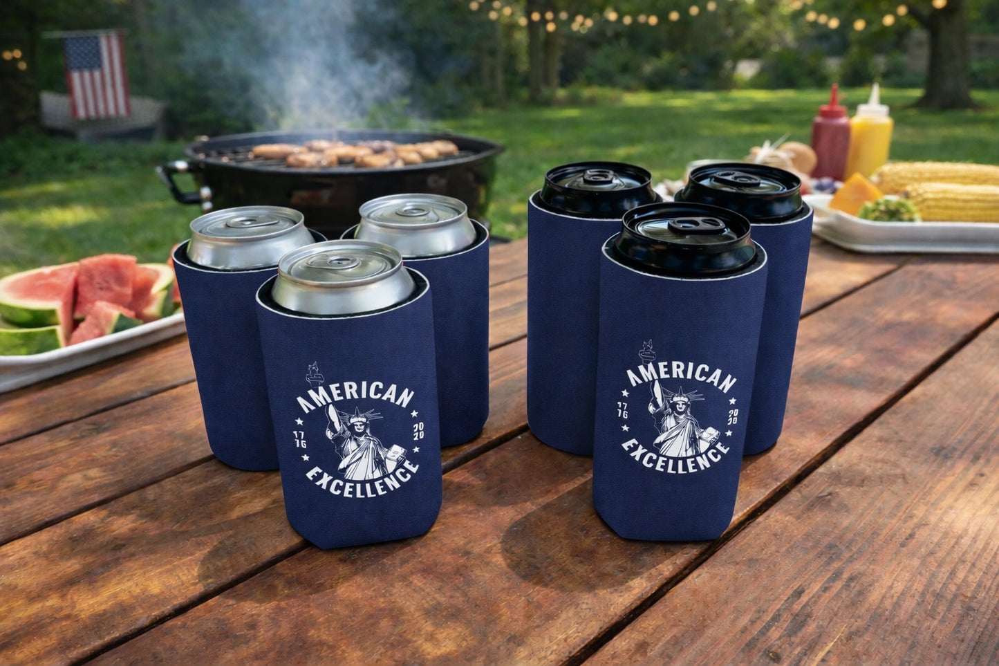 Navy blue can coolers with 'American Excellence' design on a wooden table outdoors.